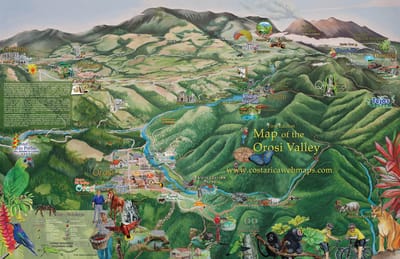 Hand painted map of Orosi Valley Costa Rica with tourist activities. 